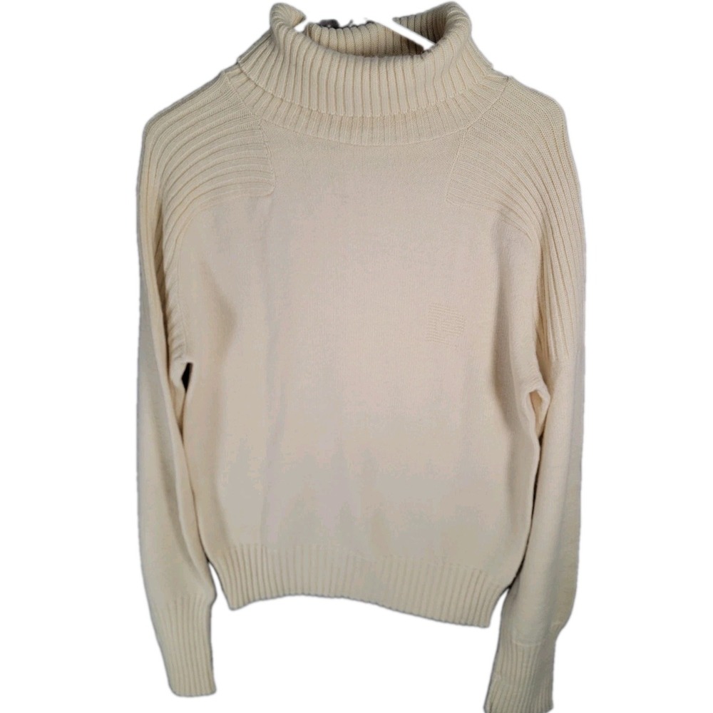 Vintage Pierre Cardin Sweater Mens L Cream Chunky Knit Turtleneck Ribbed Wool